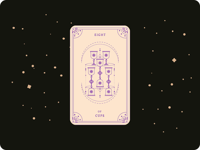 A person walking away from eight cups, symbolizing the Eight of Cups tarot card meaning of walking away and inner truth